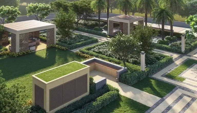 Palm court with pavilions at Godrej Majesty