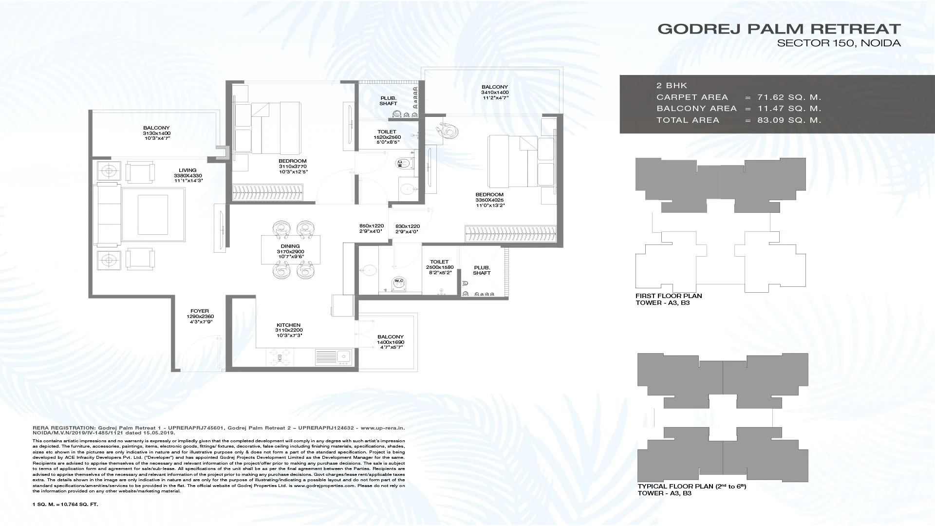 Godrej Palm Retreat 2 BHK plan: 71.62 sq m carpet, 11.47 sq m balcony, 83.09 sq m total