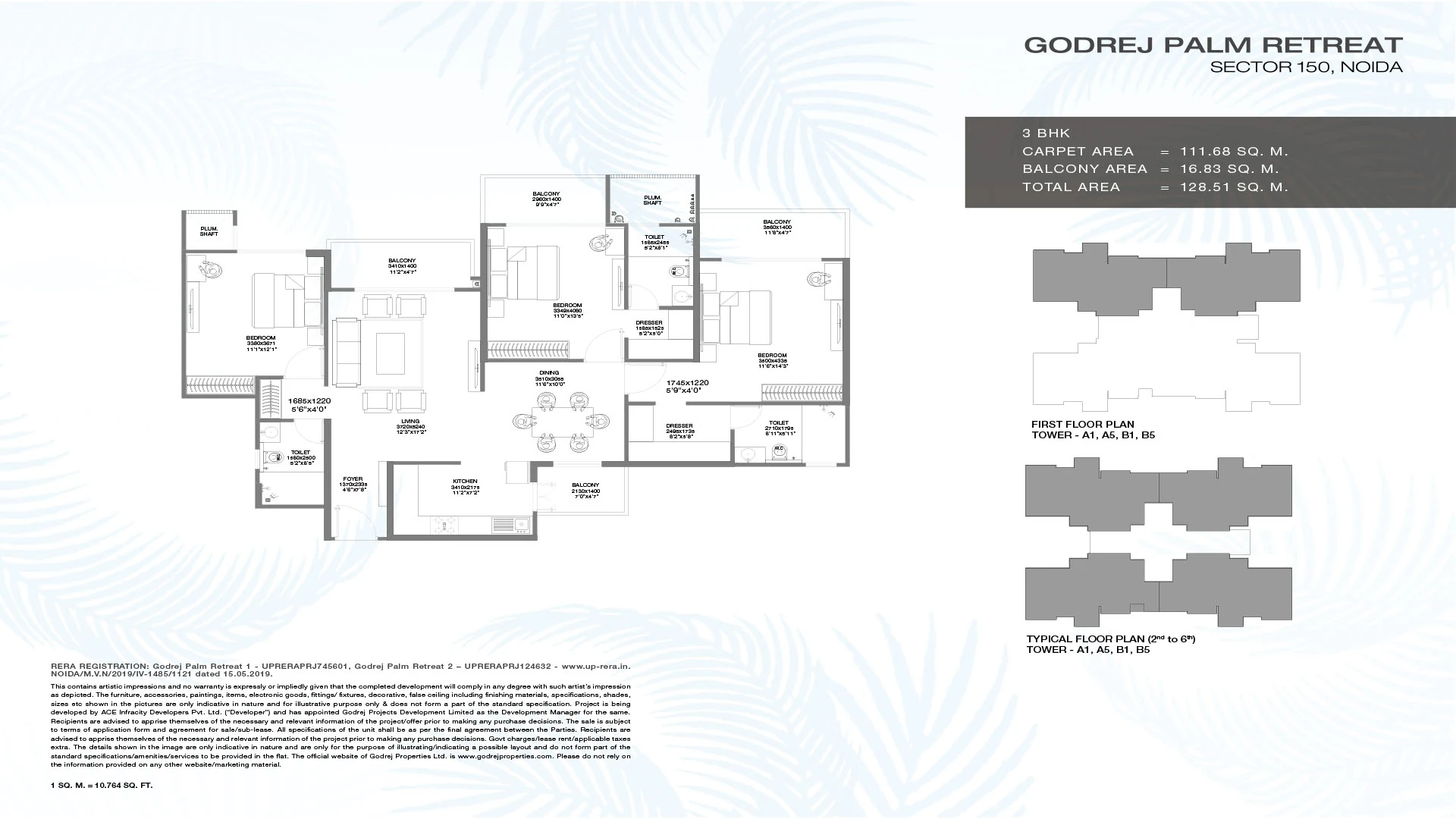 Godrej Palm Retreat 3 BHK plan: 111.68 sq m carpet, 16.83 sq m balcony, 128.51 sq m total