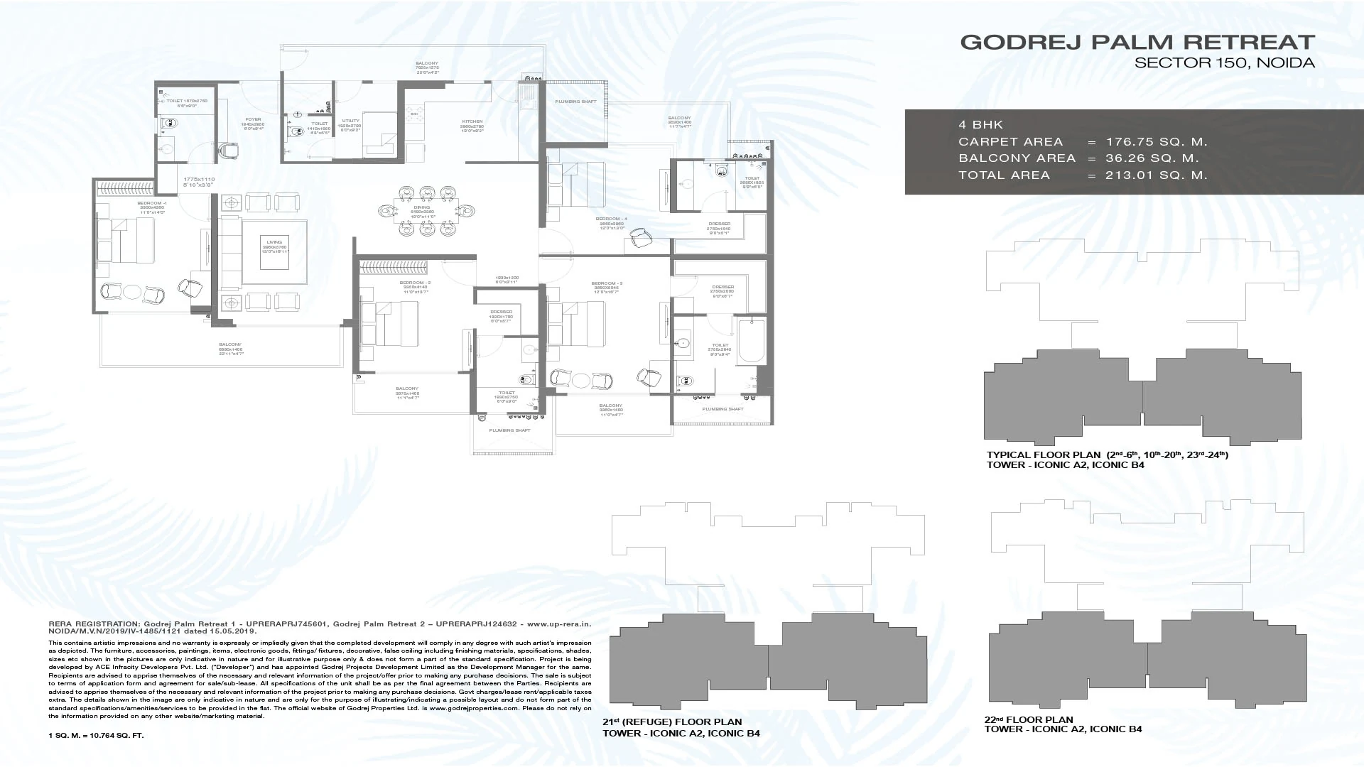 Godrej Palm Retreat 4 BHK plan: 176.75 sq m carpet, 36.26 sq m balcony, 213.01 sq m total