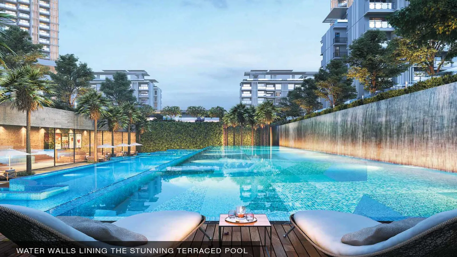 Terraced swimming pool with water walls at Godrej Palm Retreat, Sector 150 Noida