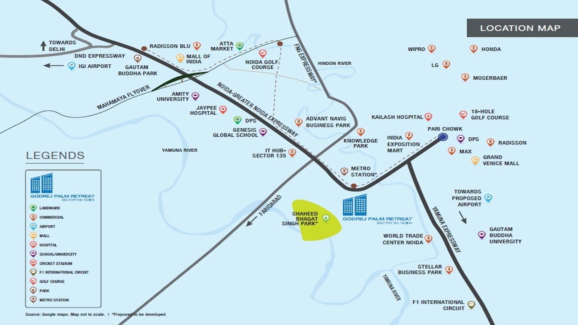 Godrej Palm Retreat location map showing the Noida Expressway, Pari Chowk and the proposed airport