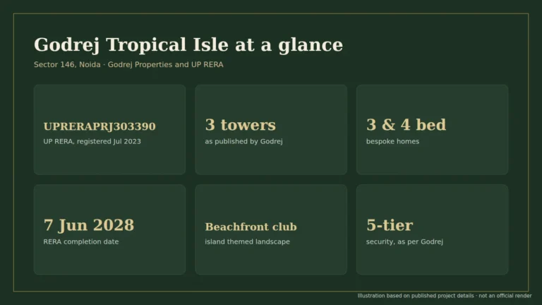 Godrej Tropical Isle key facts: RERA UPRERAPRJ303390, three towers, completion June 2028