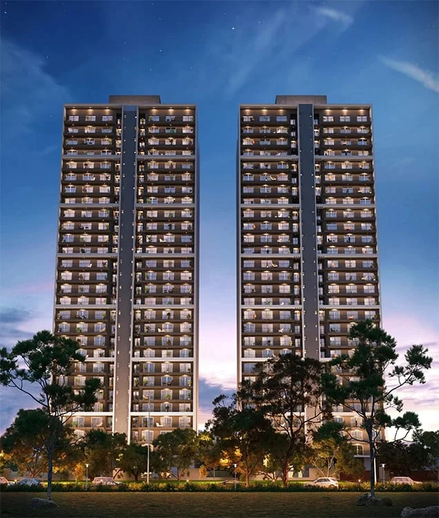 Godrej Woods towers at dusk