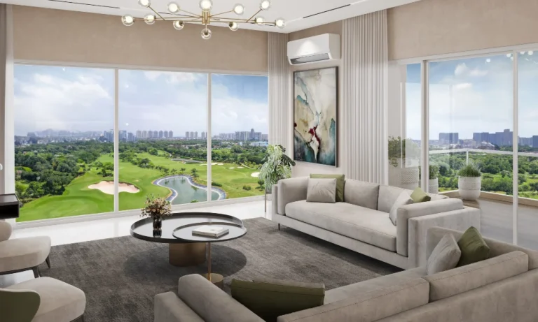 Living room with golf views at L&T Green Reserve