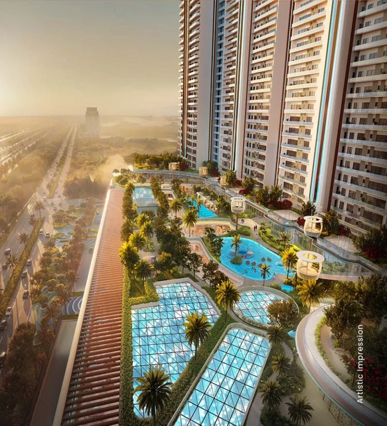 Aerial view of the pools and gardens at M3M Jacob & Co Residences