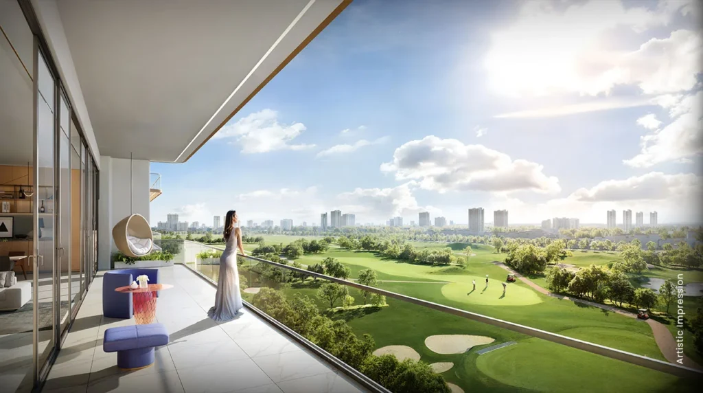 Balcony with golf course views at M3M Jacob & Co Residences