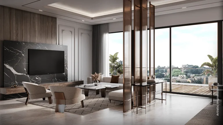 Living area with city views at M3M The Cullinan