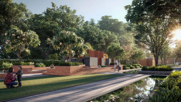 Walkway along the green belt at Estate 105, Noida