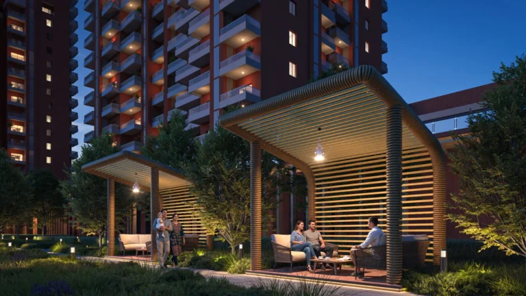 Landscaped pavilion at Estate 105 in the evening