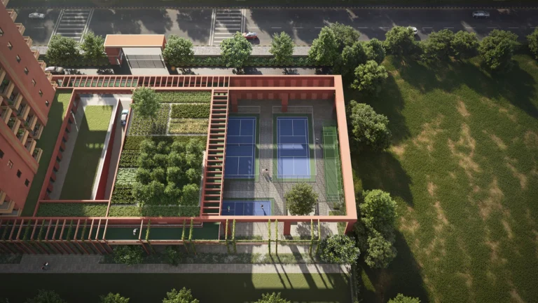 Aerial view of the sports courts at Estate 105