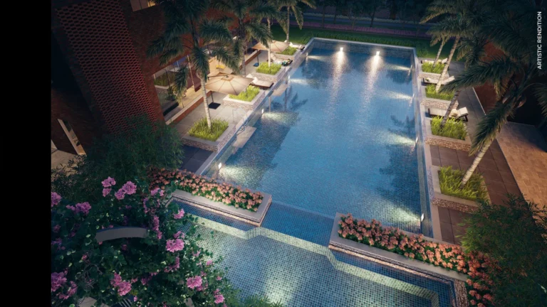 Pool deck at Estate 128 in the evening