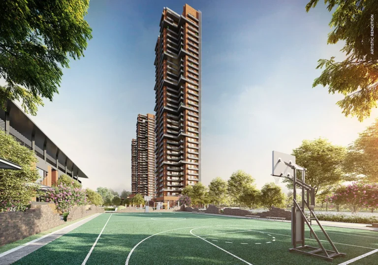An Estate 128 tower above the central greens