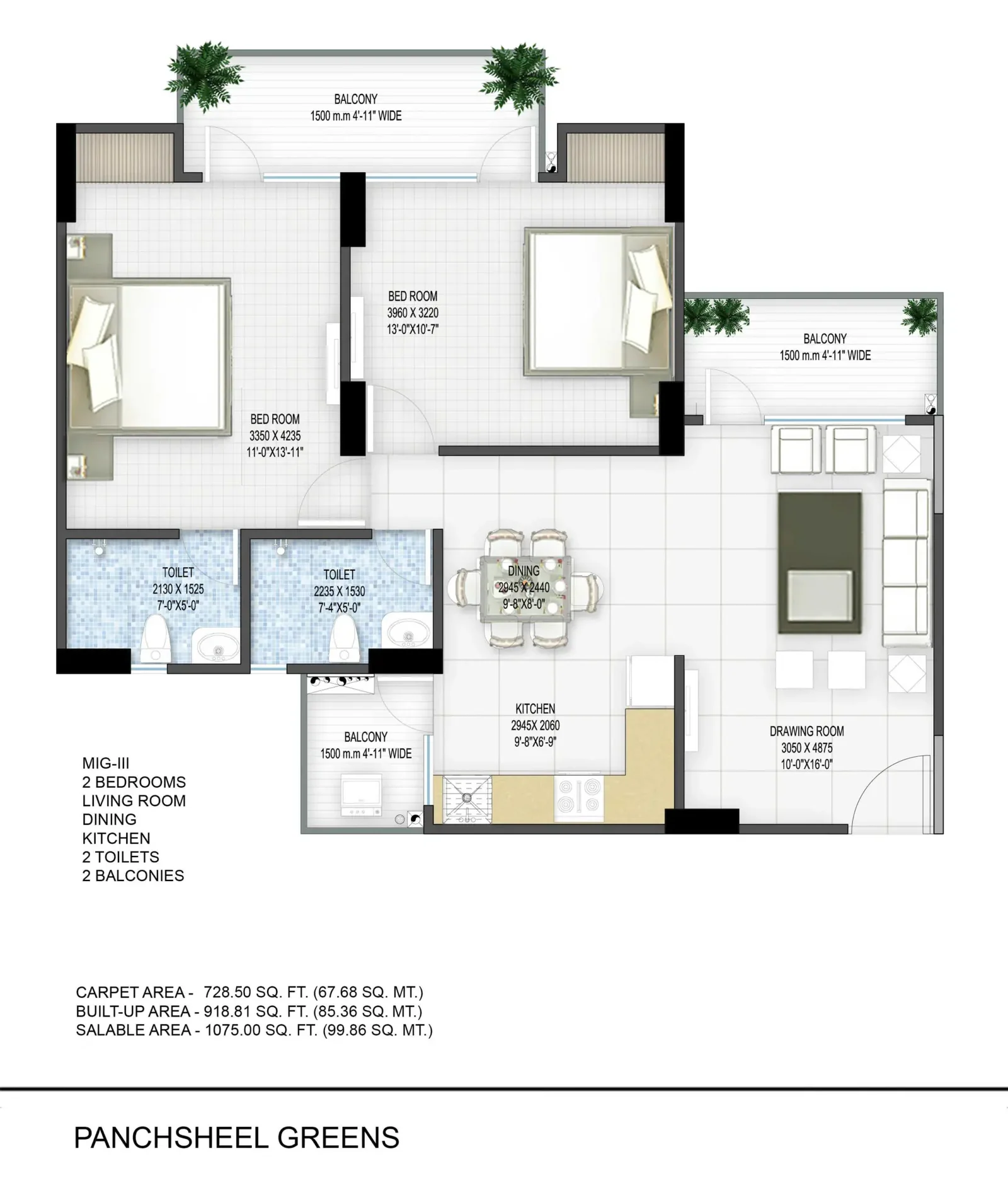 Two-bedroom floor plan at Panchsheel Greens
