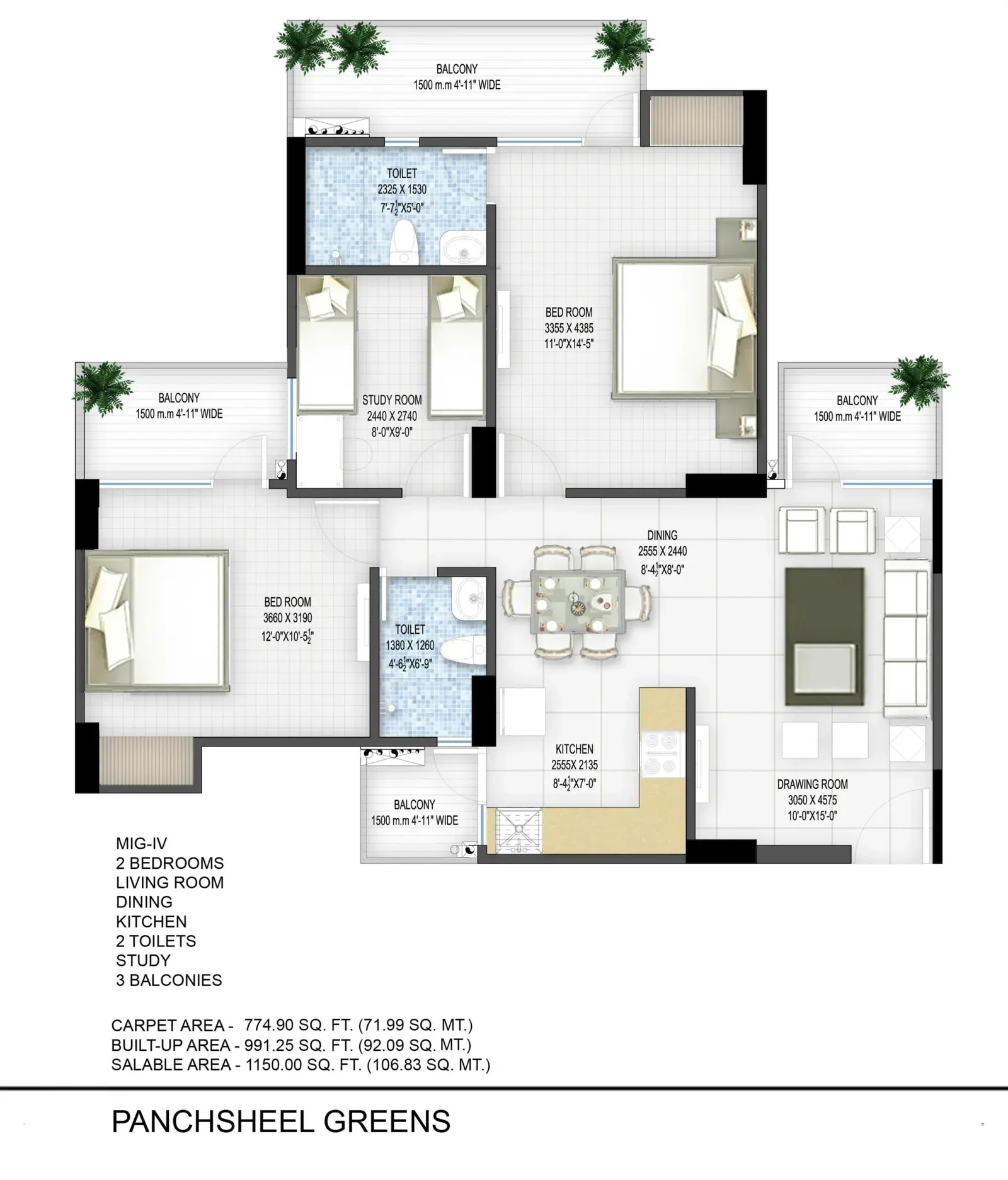 Three-bedroom with study floor plan at Panchsheel Greens