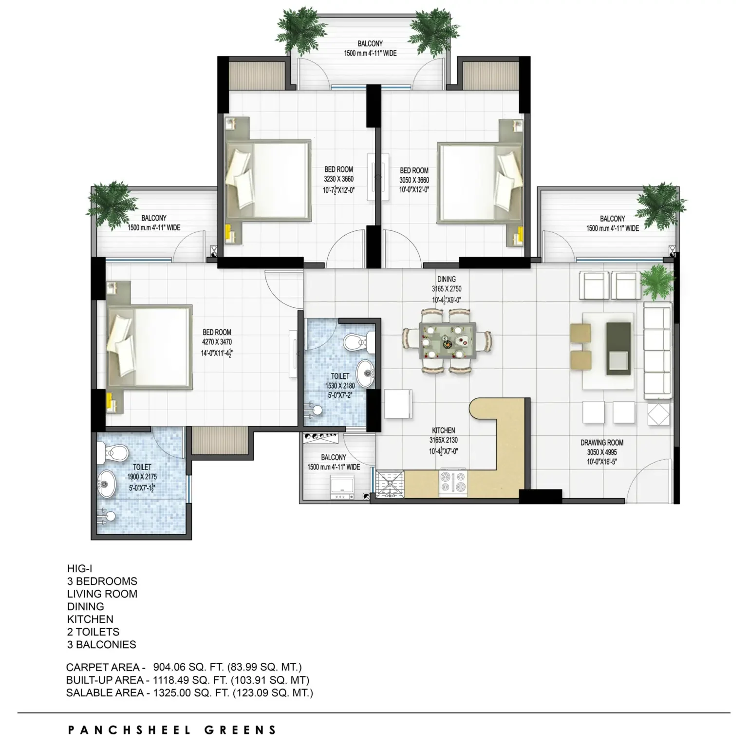 Three-bedroom floor plan at Panchsheel Greens