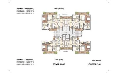 Prateek Canary 3 BHK Elite and Deluxe cluster plan, Towers B and C