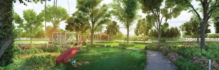 Forest retreat garden with walking trail at Prateek Canary