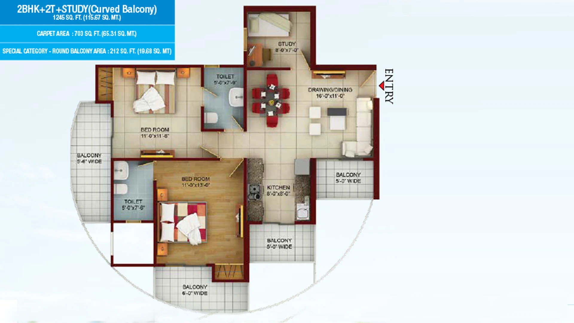 Samridhi Luxuriya Avenue 2 BHK plus study with curved balcony: 1,245 sq ft, 703 sq ft carpet