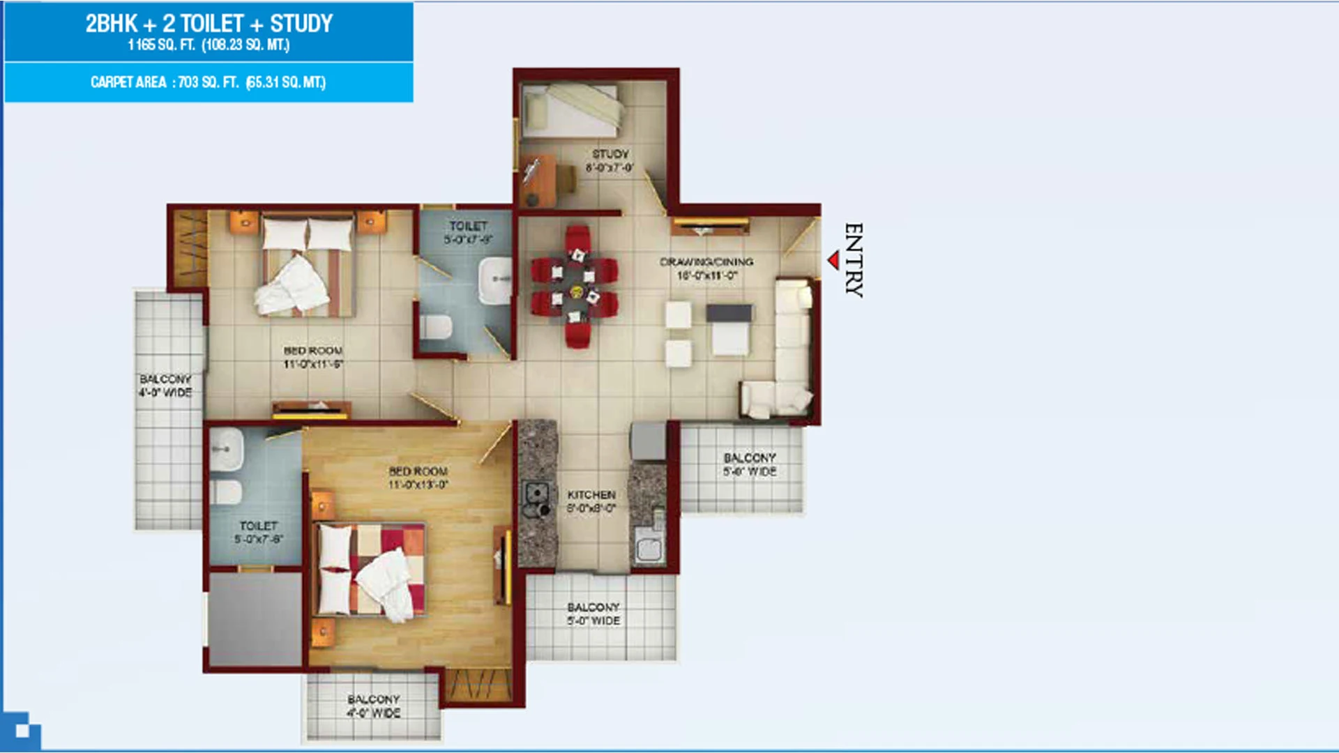 Samridhi Luxuriya Avenue 2 BHK plus study plan: 1,165 sq ft, 703 sq ft carpet