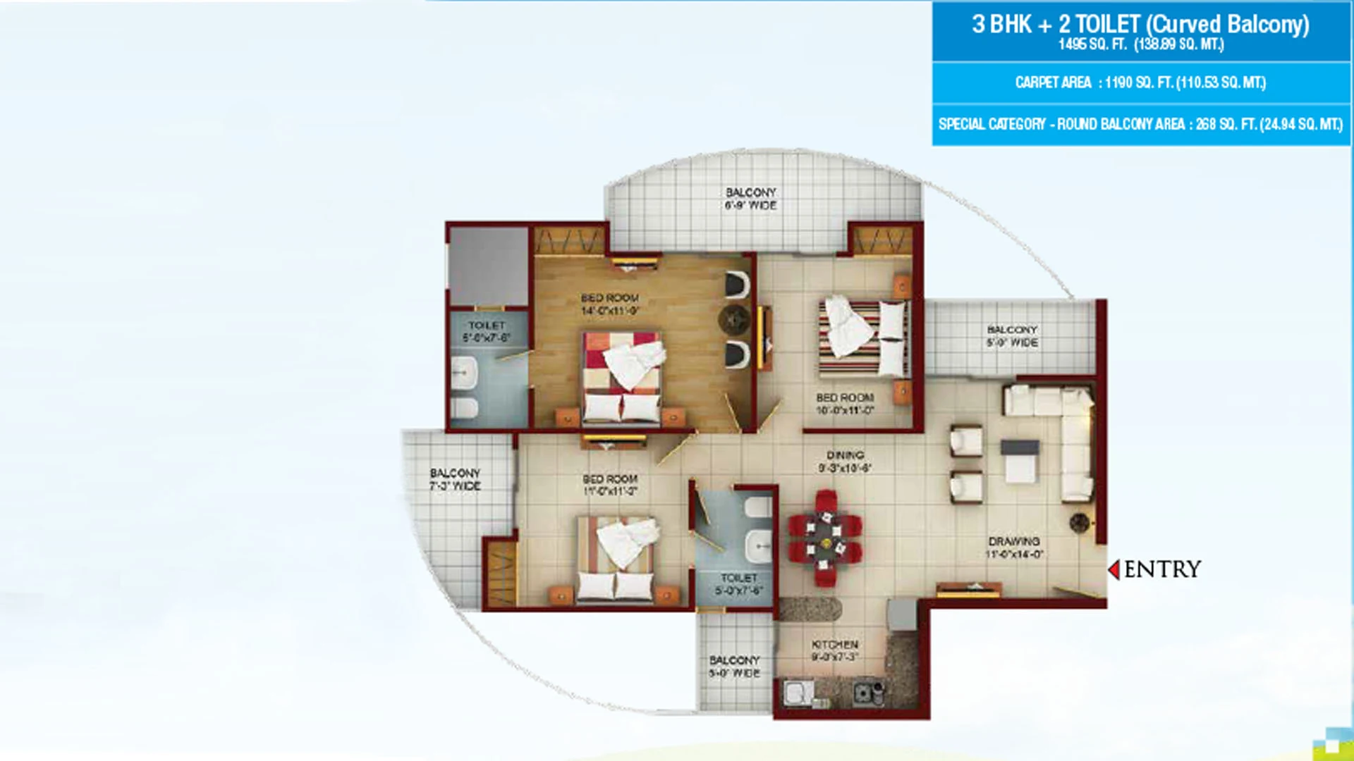 Samridhi Luxuriya Avenue 3 BHK with 2 toilets and curved balcony: 1,495 sq ft