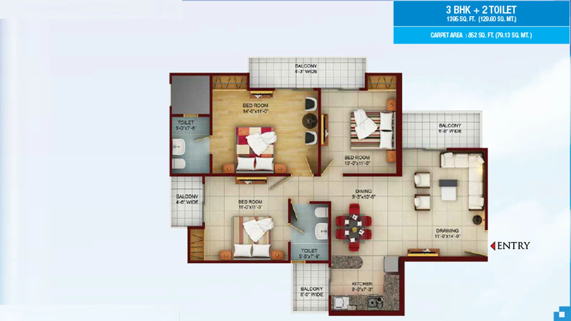 Samridhi Luxuriya Avenue 3 BHK with 2 toilets: 1,395 sq ft, 852 sq ft carpet
