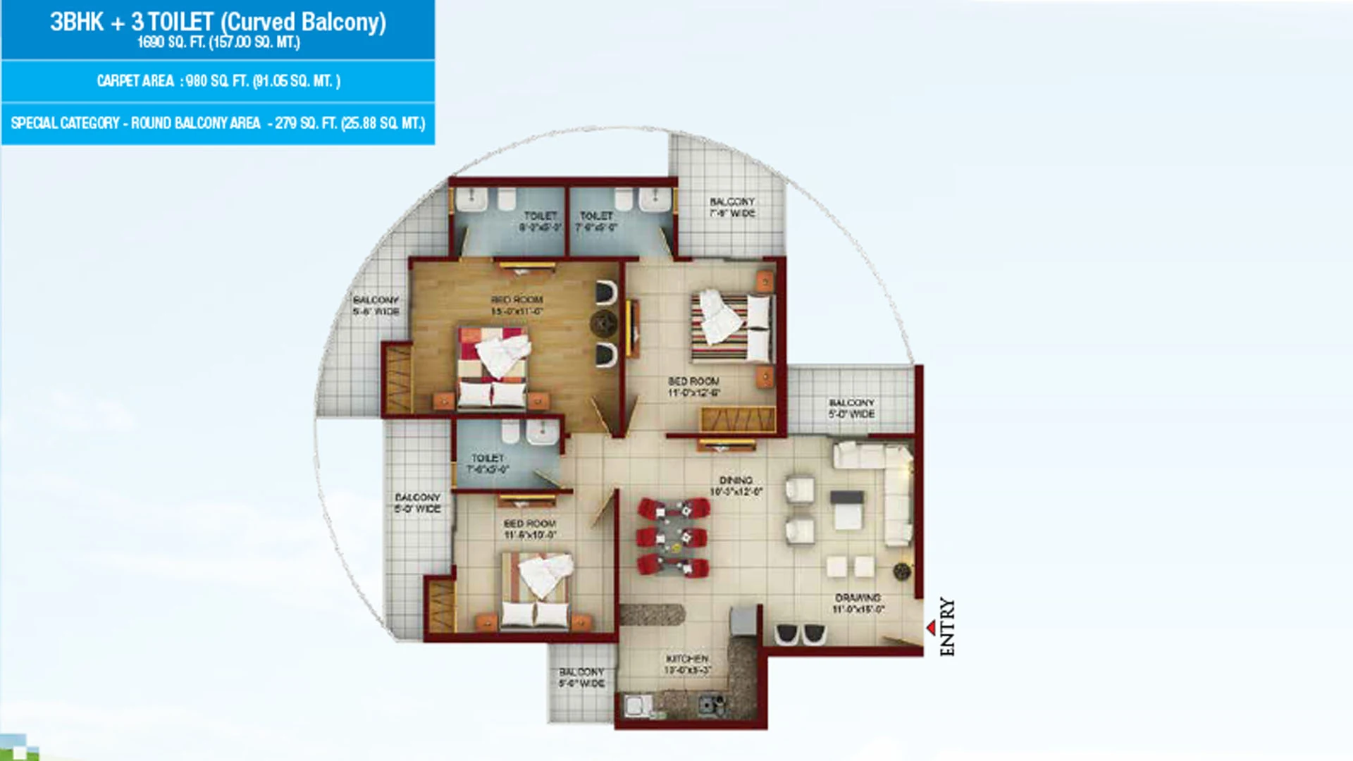 Samridhi Luxuriya Avenue 3 BHK with 3 toilets and curved balcony: 1,690 sq ft, 980 sq ft carpet