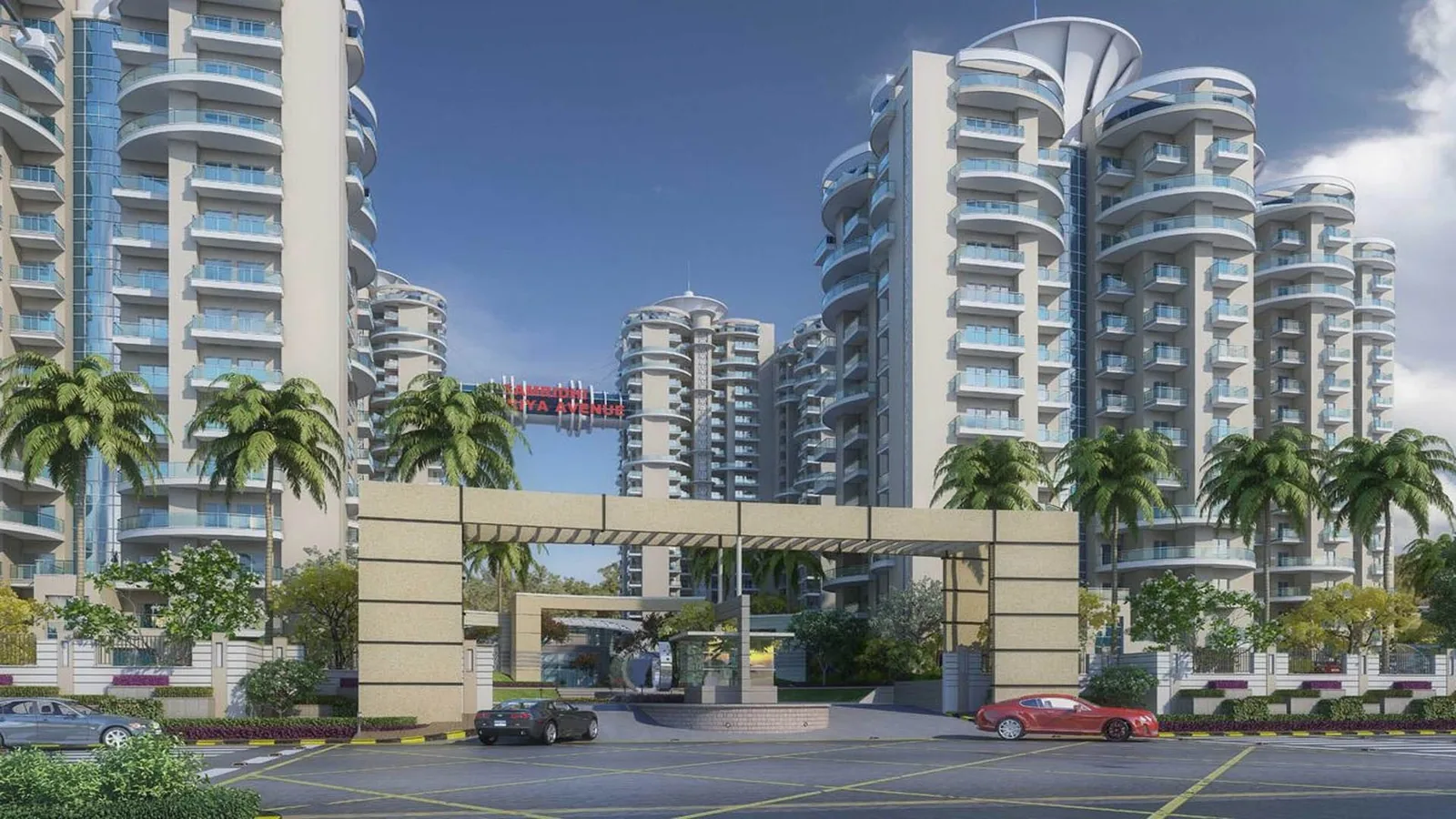 Curved balcony towers at Samridhi Luxuriya Avenue seen from the entrance gate