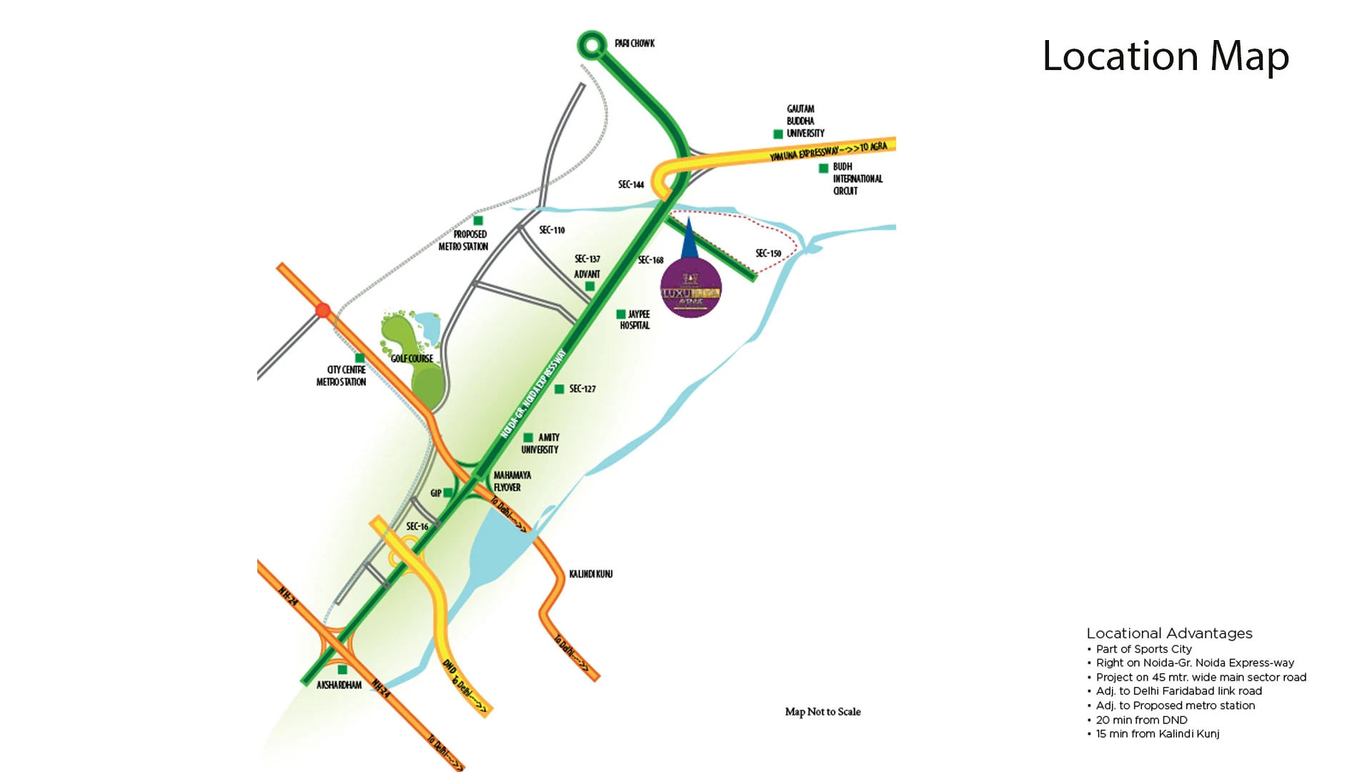 Samridhi Luxuriya Avenue location map showing the Noida Expressway and Amity University