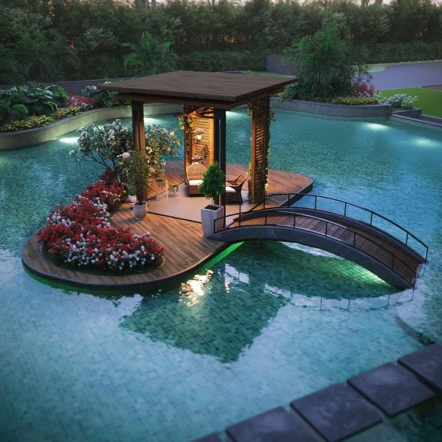 The island deck in the pool at SOBHA Aurum