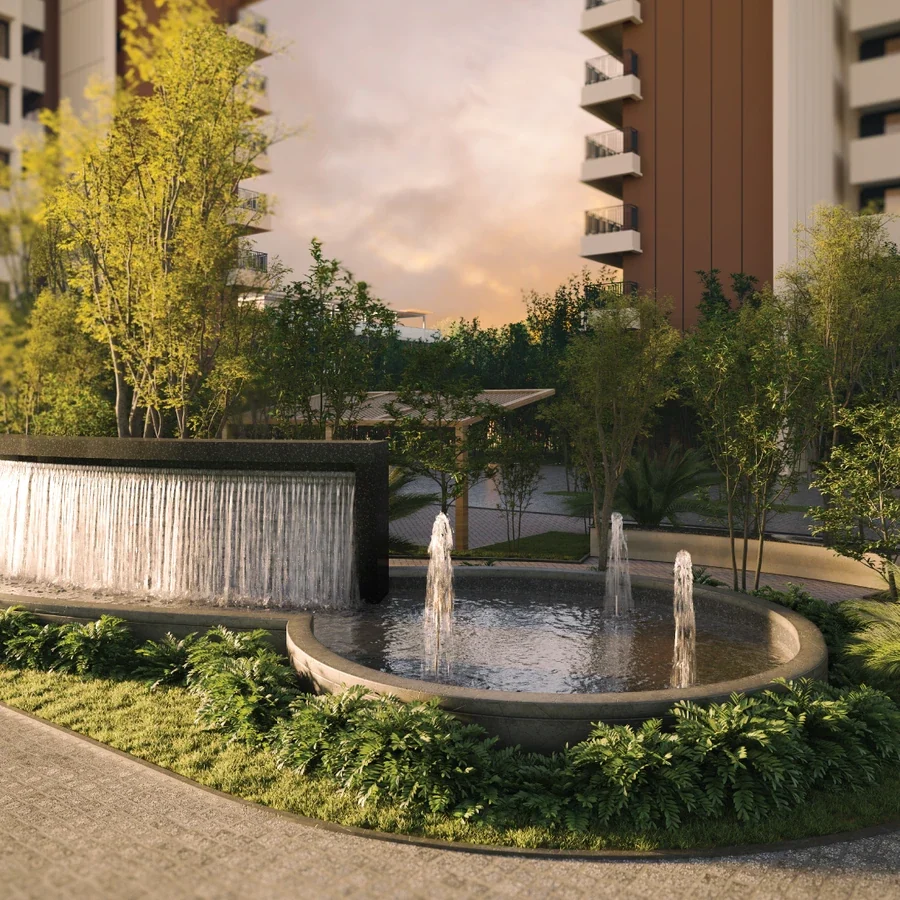 A landscaped water feature at SOBHA Aurum