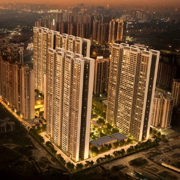 SOBHA Rivana towers lit up at night