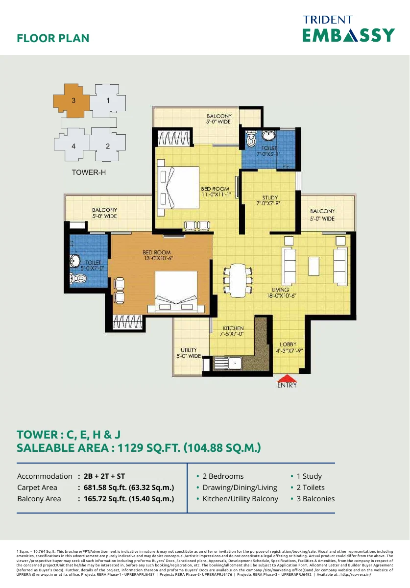 Floor plan for the 1129 sq ft layout at Trident Embassy