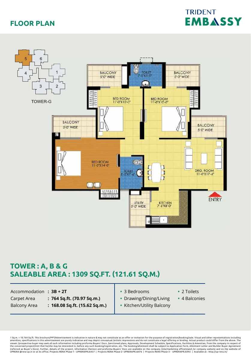 Floor plan for the 1309 sq ft layout at Trident Embassy