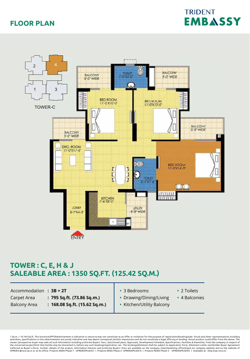Floor plan for the 1350 sq ft layout at Trident Embassy