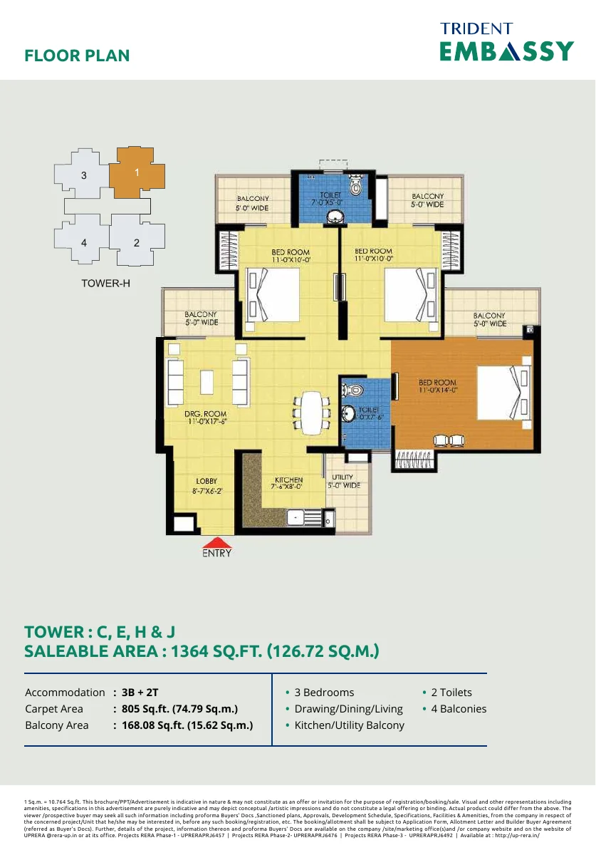 Floor plan for the 1364 sq ft layout at Trident Embassy