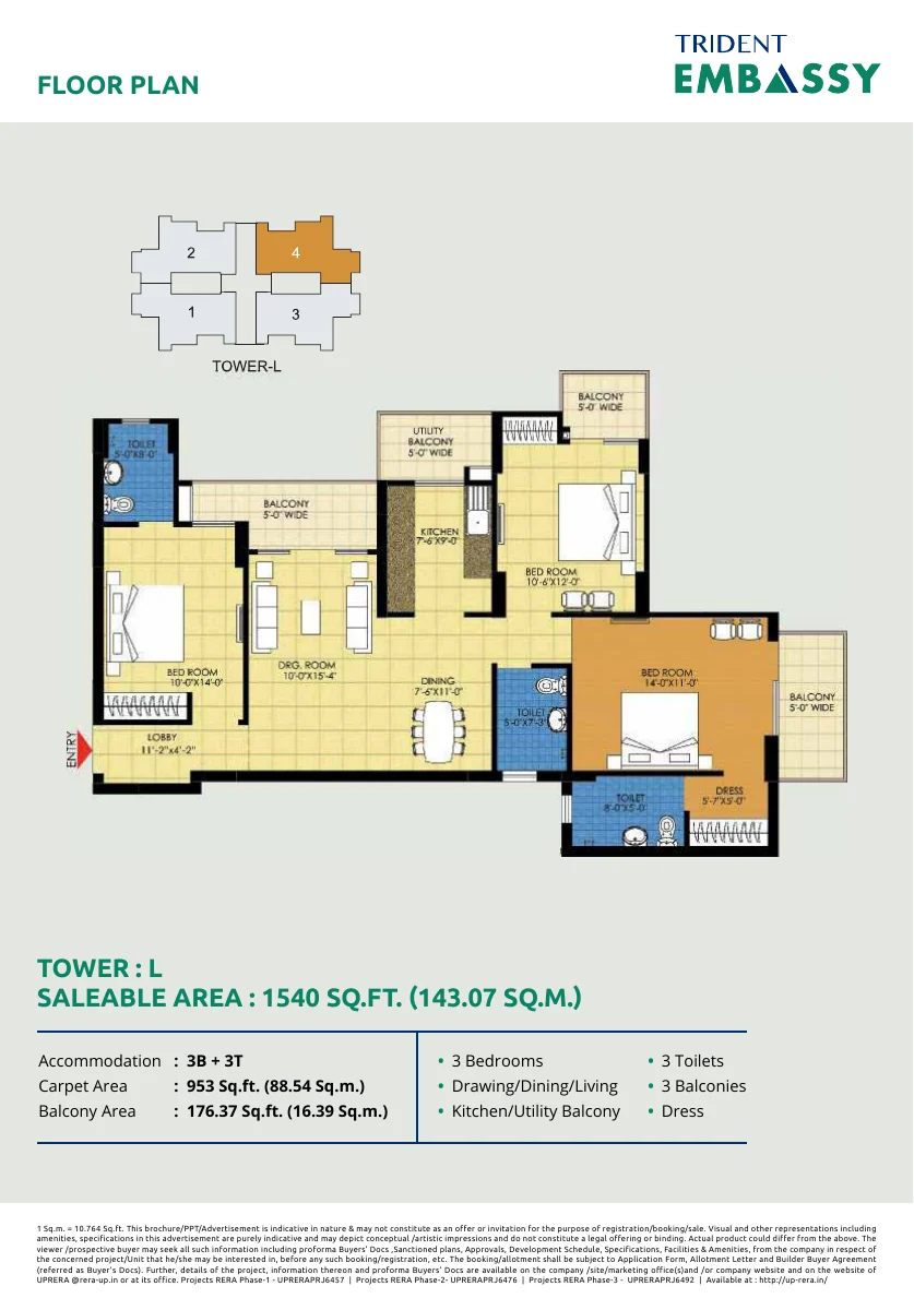 Floor plan for the 1540 sq ft layout at Trident Embassy